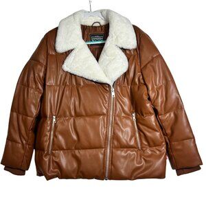 Levis Brown Faux Leather Sherpa Collar Puffer Jacket With Zipper Pockets Size XL